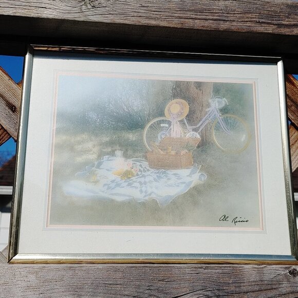 BEAUTIFUL Picnic and Bike Scene Print by Al Riccio - Picture 1 of 2